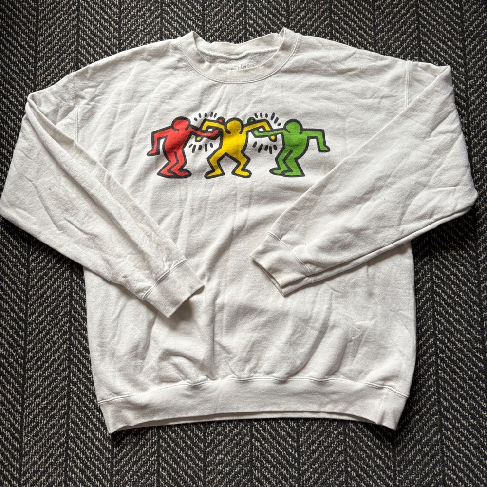 Keith Haring Dancing Figures Sweatshirt Mens M White Graphic Crewneck